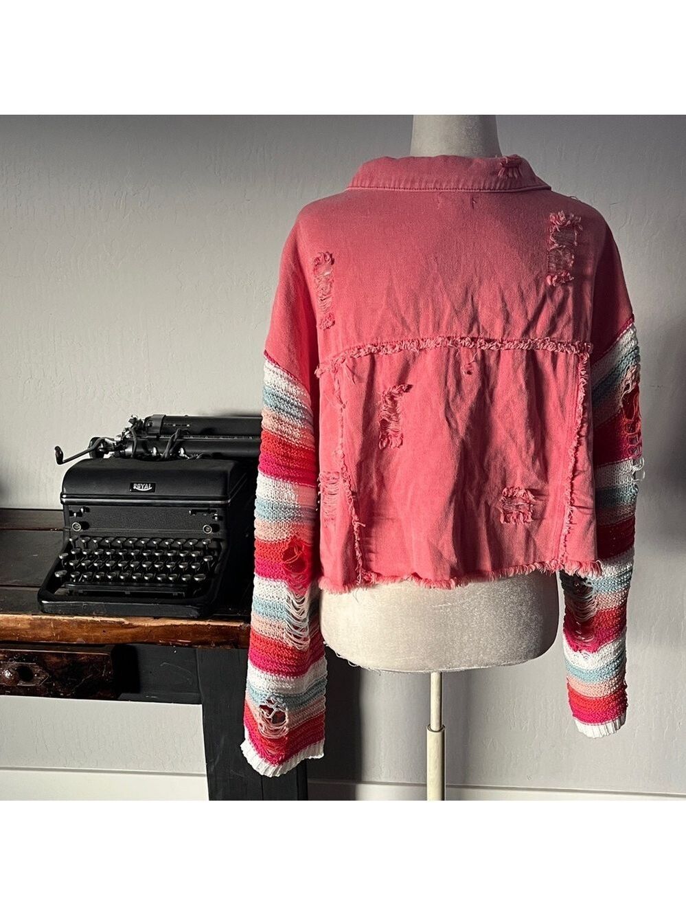 POL Cropped Pink Denim Distressed Jacket with Crochet Sleeves - Size Large - Picture 6 of 16